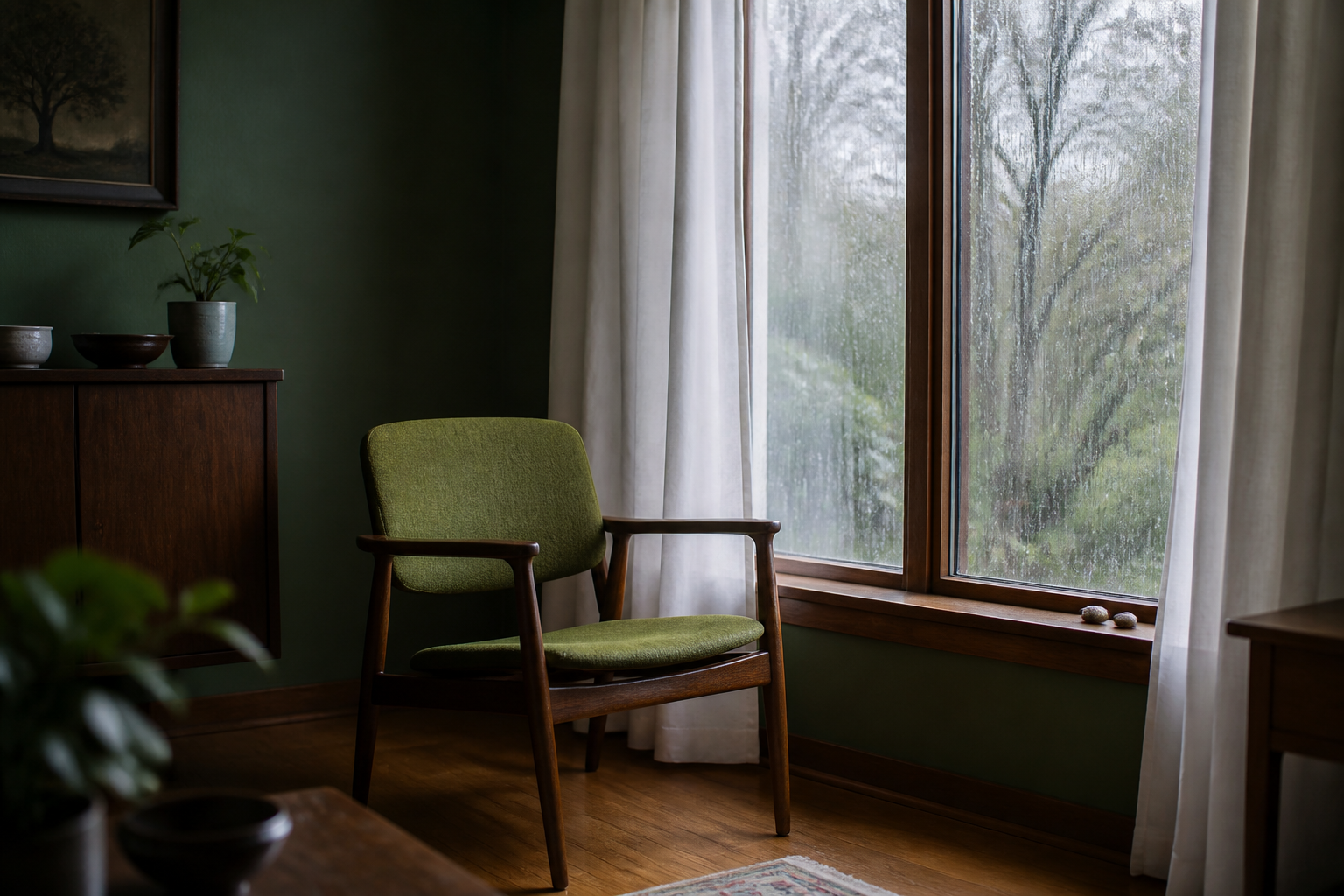 An empty wooden chair beside a tall rain-streaked window in morning light.
