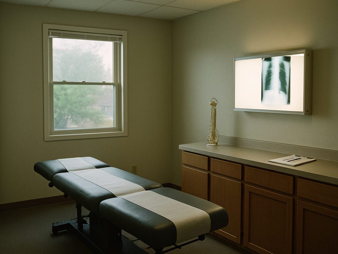 A quiet chiropractic exam room with a segmented treatment table, a spine model on the counter, and a clipboard