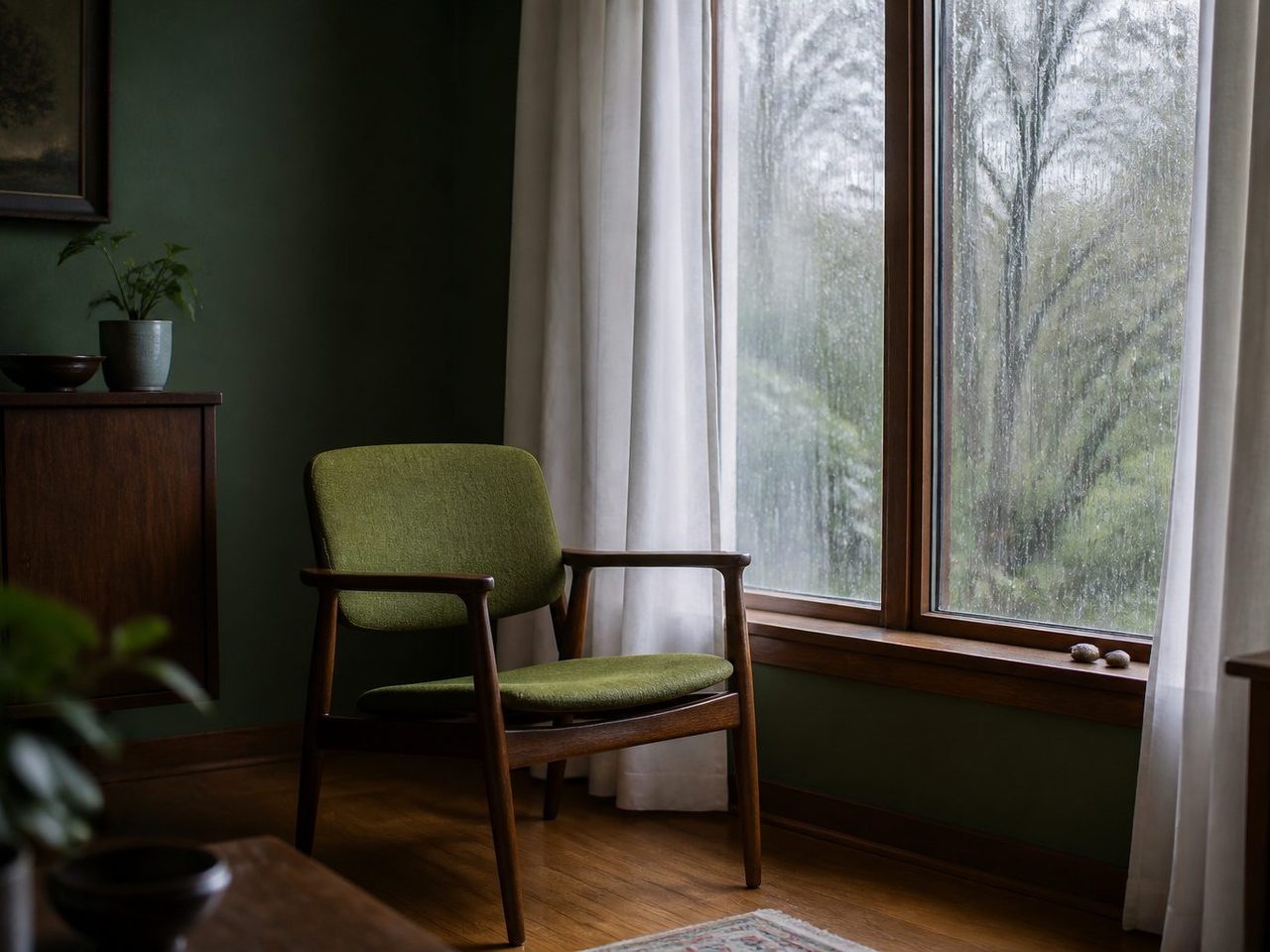 A worn green armchair beside a rain-streaked window in a dim room, curtains half drawn