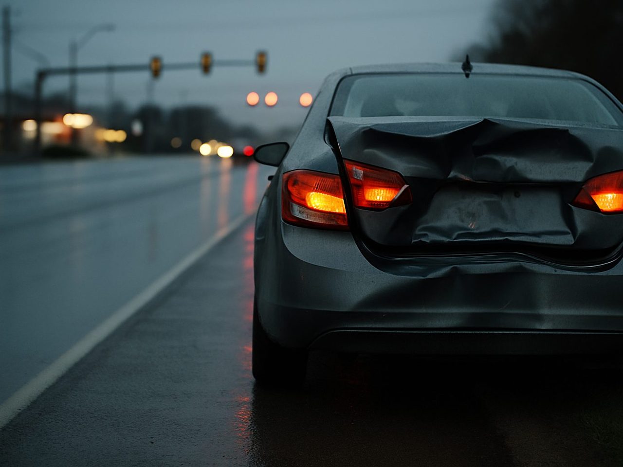 Rear of a gray sedan with a crumpled trunk lid and broken taillight, hazard lights on, on the wet shoulder of a four-lane road at dusk