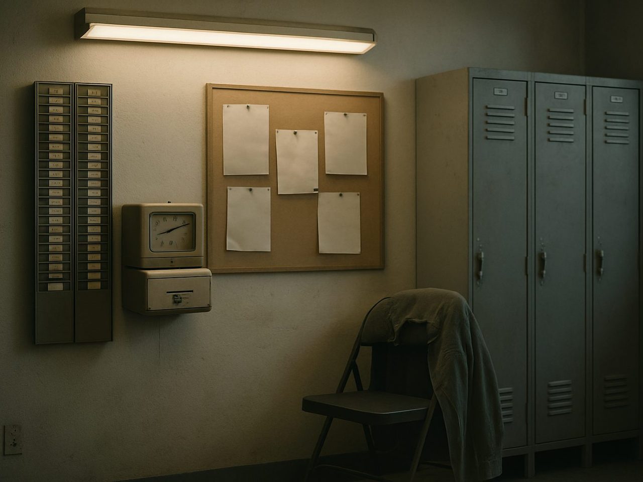Break-room wall under fluorescent light with a punch time clock, a time-card rack, a corkboard of pinned papers, lockers, and a jacket over a folding chair